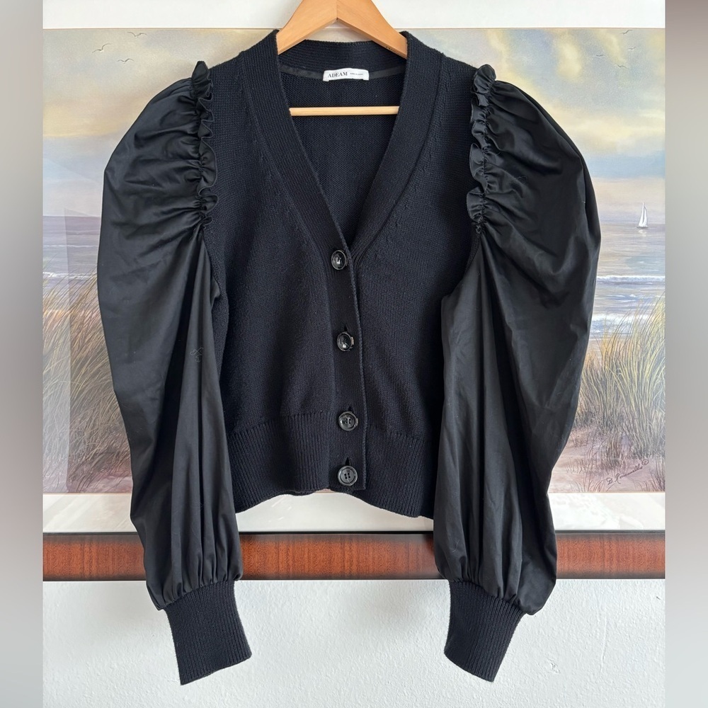 ADEAM V-Neck Mixed Media Cardigan - Made in Japan - Large - Black